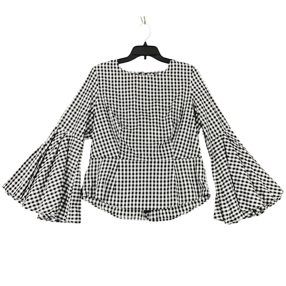 Nanette Nanette Lepore Tops - Nanette Nanette Lepore Gingham Plaid Bell Sleeve Peplum Blouse Womens L